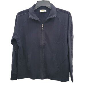 Talbots Women's Vintage Navy Velour Stripe Zip Front Mock Neck Knit Jacket Sz L